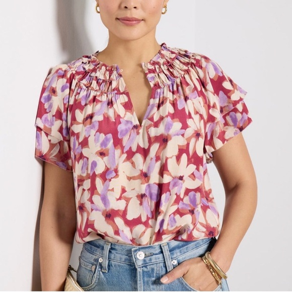 Rails Tops - Rails Kamila Short Sleeve Pink Floral Blouse in Amaranth EUC sz Large!